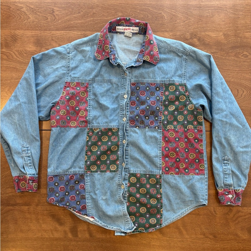 Vintage Denim Patchwork Button-Down Shirt - image 1